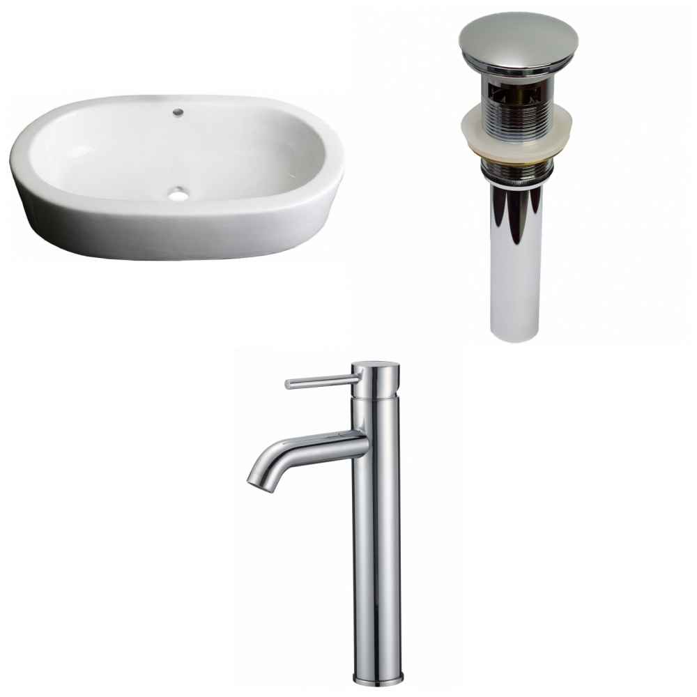 25.25-in. x 14.5-in. Oval Bathroom Vessel Sink Set White Enamel Glaze