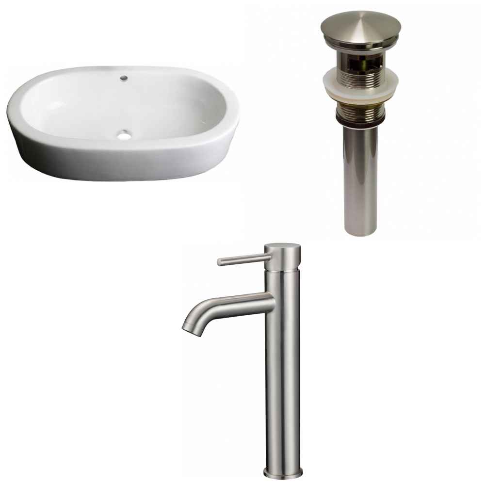 25.25-in. x 14.5-in. Oval Bathroom Vessel Sink Set White Enamel Glaze