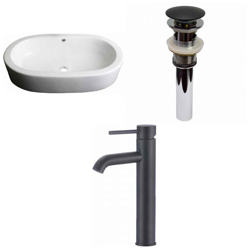 25.25-in. x 14.5-in. Oval Bathroom Vessel Sink Set White Enamel Glaze
