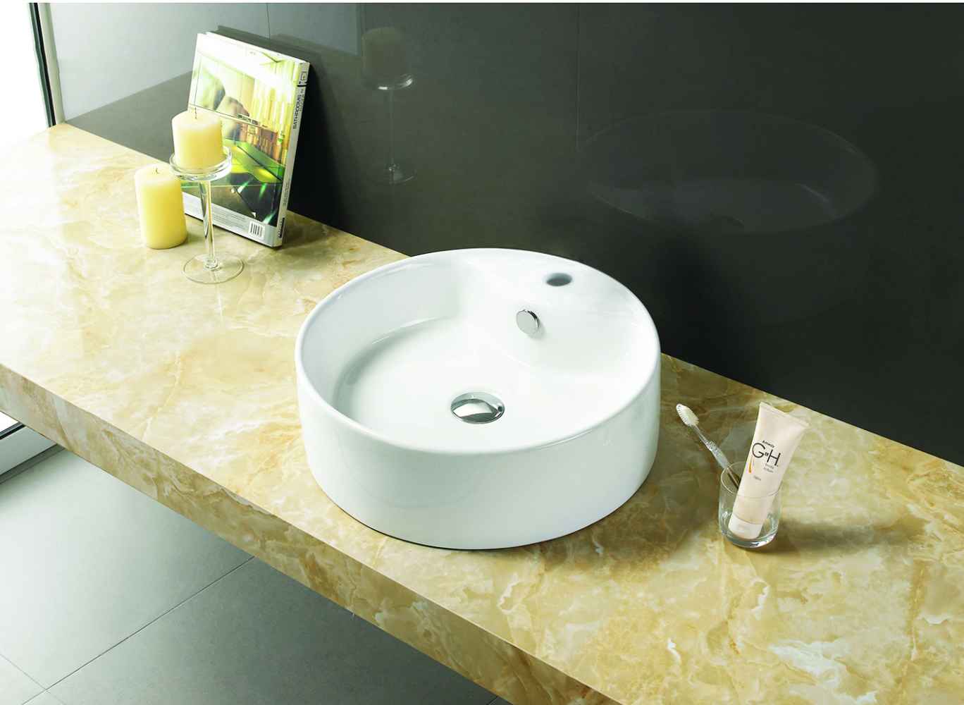 18.25-in. x 18.25-in. Round Bathroom Vessel Sink Set White Enamel Glaze