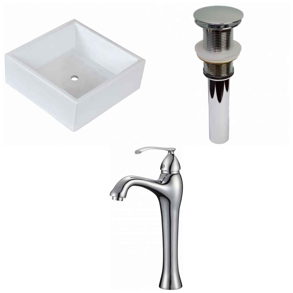 14.75-in. x 14.75-in. Square Bathroom Vessel Sink Set White Enamel Glaze