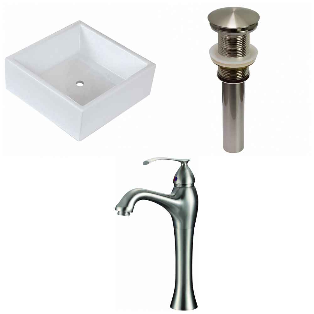 14.75-in. x 14.75-in. Square Bathroom Vessel Sink Set White Enamel Glaze