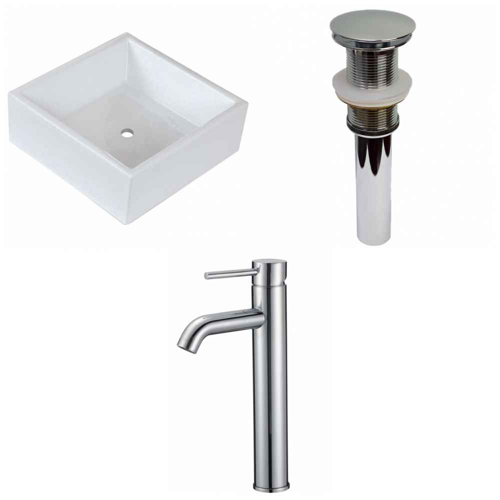 14.75-in. x 14.75-in. Square Bathroom Vessel Sink Set White Enamel Glaze