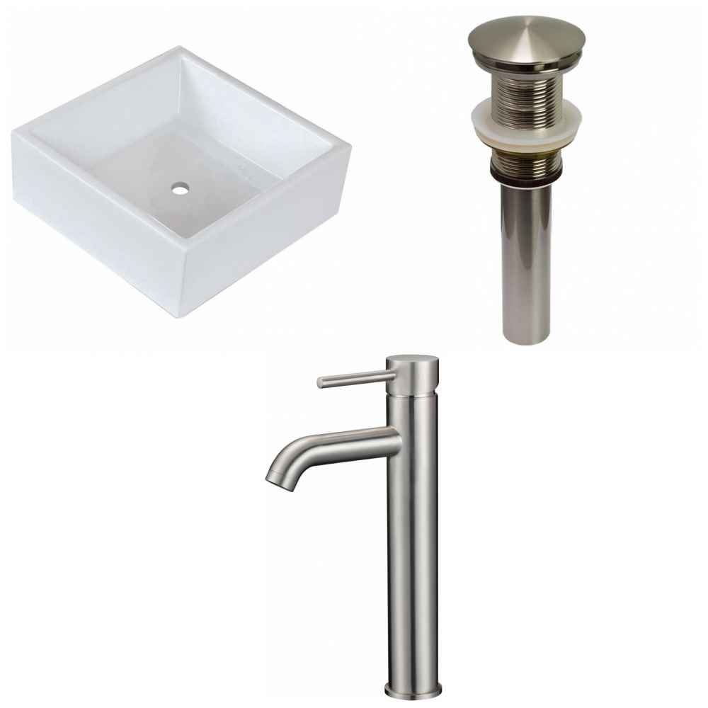 14.75-in. x 14.75-in. Square Bathroom Vessel Sink Set White Enamel Glaze