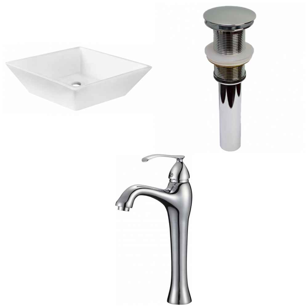 15.75-in. x 15.75-in. Square Bathroom Vessel Sink Set White Enamel Glaze