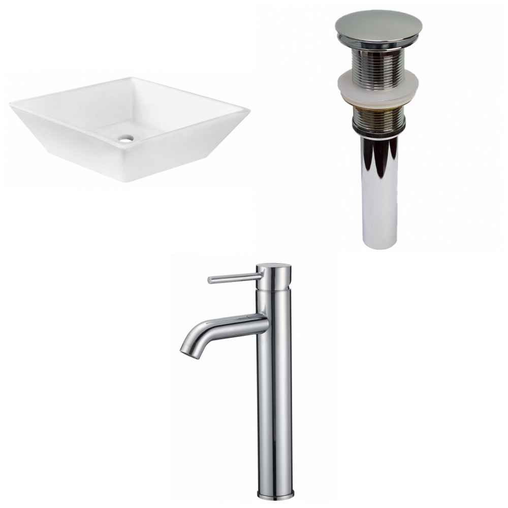 15.75-in. x 15.75-in. Square Bathroom Vessel Sink Set White Enamel Glaze