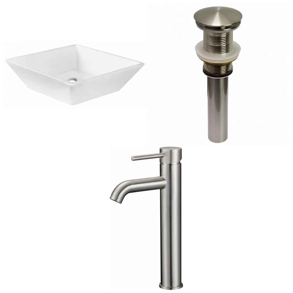 15.75-in. x 15.75-in. Square Bathroom Vessel Sink Set White Enamel Glaze