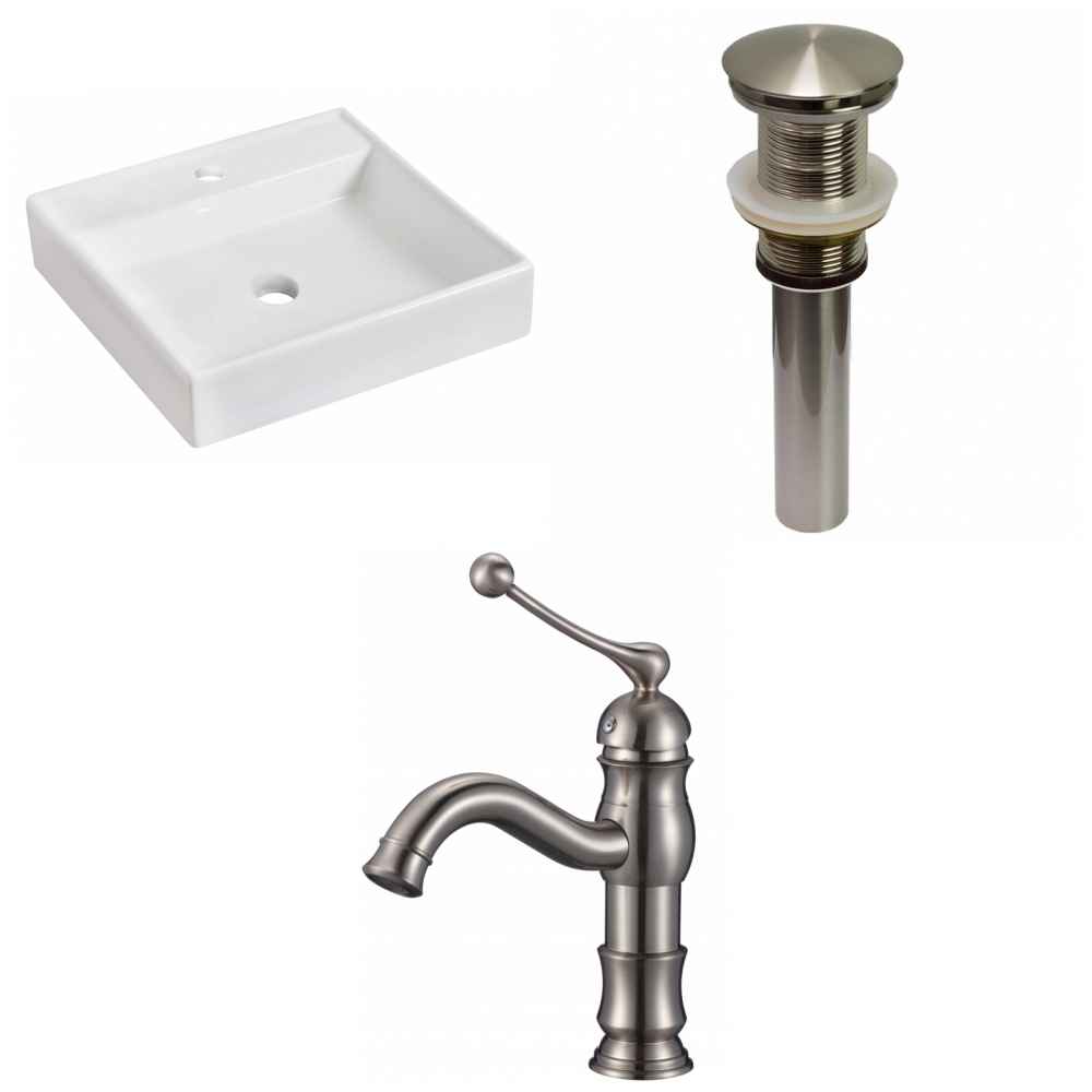 17.5-in. x 17.5-in. Square Bathroom Vessel Sink Set White Enamel Glaze