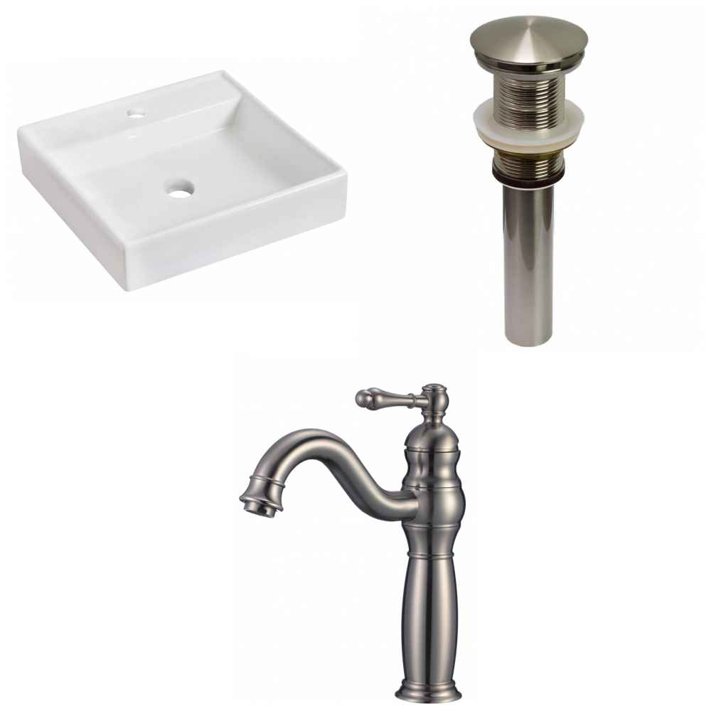 17.5-in. x 17.5-in. Square Bathroom Vessel Sink Set White Enamel Glaze