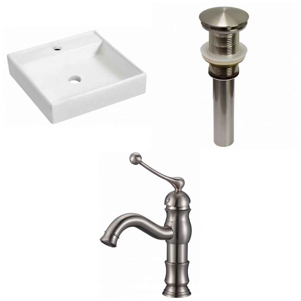 17.5-in. x 17.5-in. Square Bathroom Vessel Sink Set White Enamel Glaze