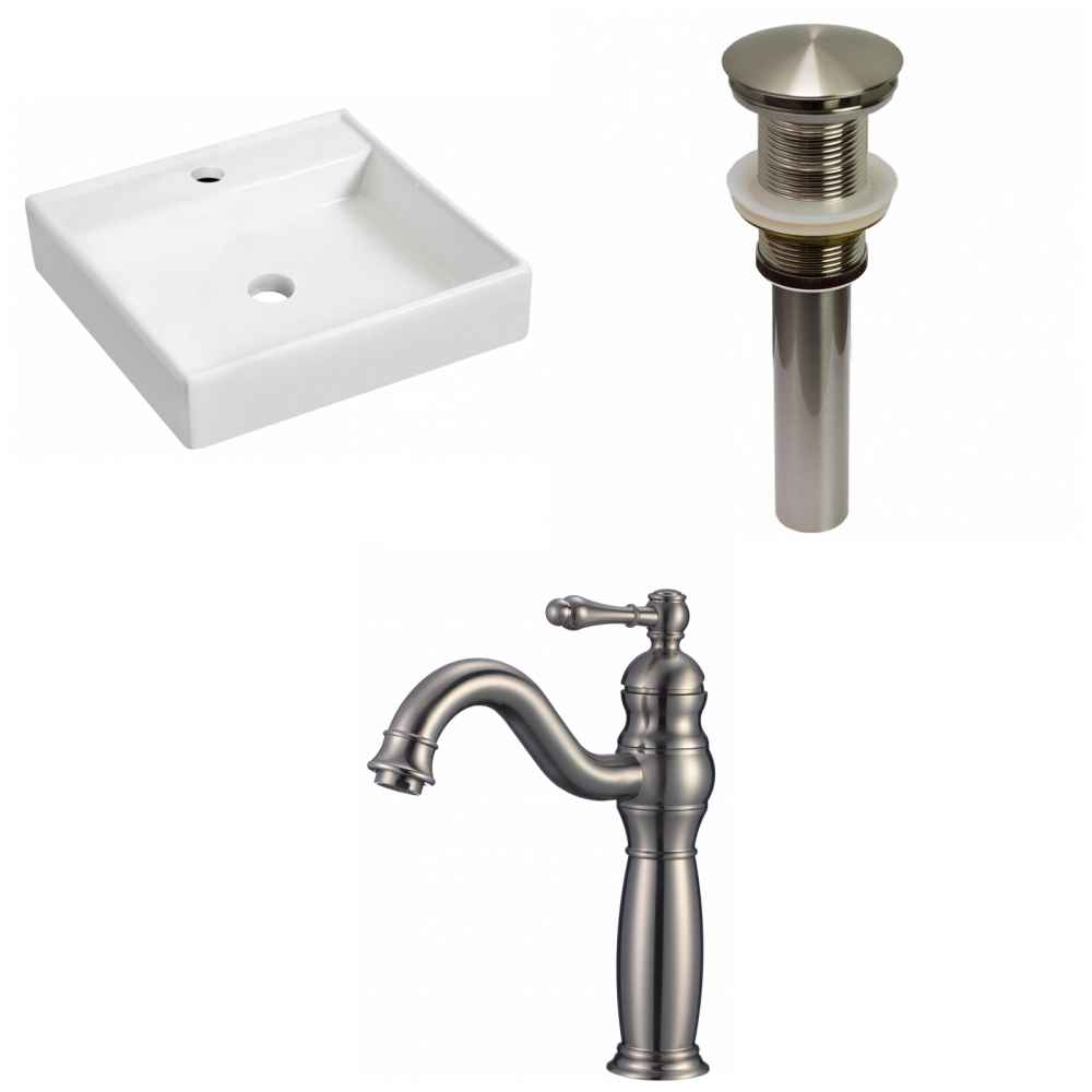 17.5-in. x 17.5-in. Square Bathroom Vessel Sink Set White Enamel Glaze