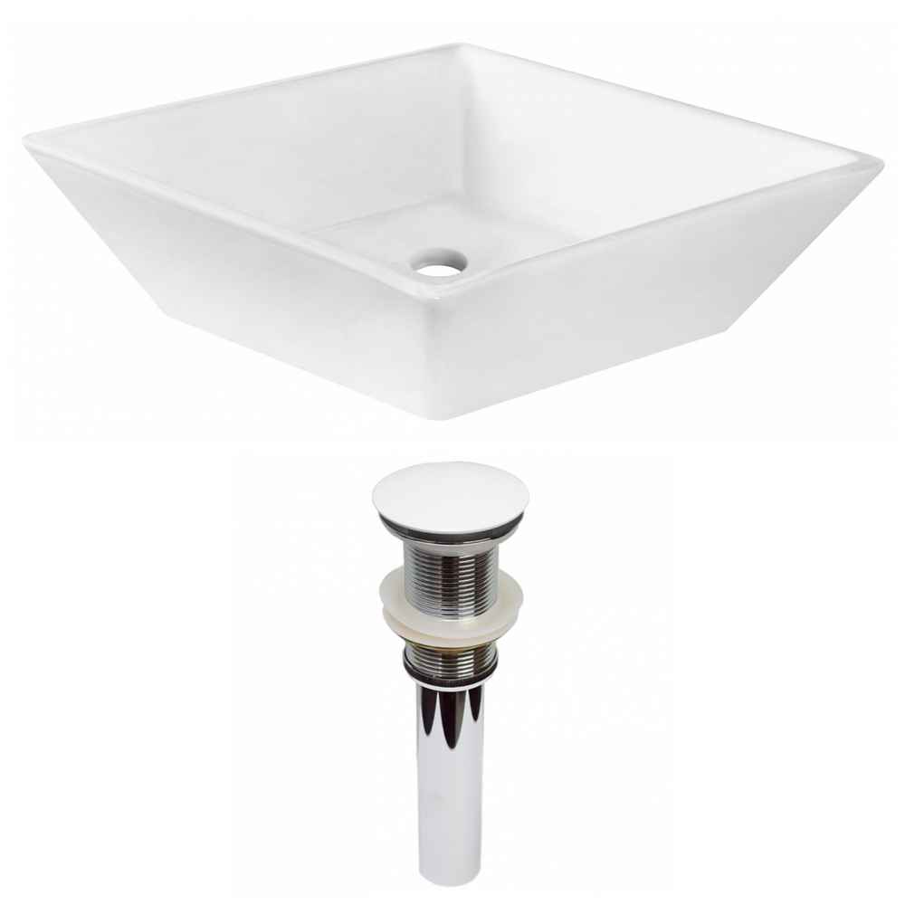 15.75-in. x 15.75-in. Square Bathroom Vessel Sink Set White Enamel Glaze