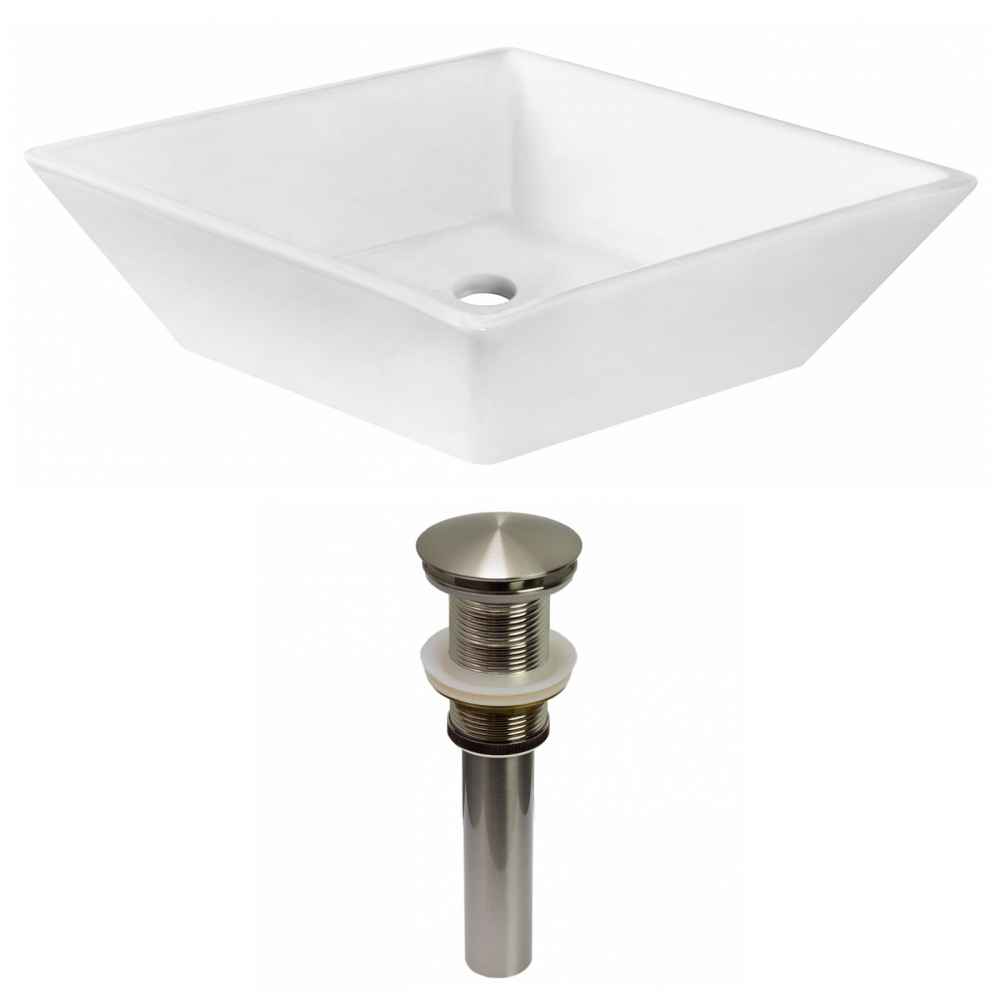 15.75-in. x 15.75-in. Square Bathroom Vessel Sink Set White Enamel Glaze