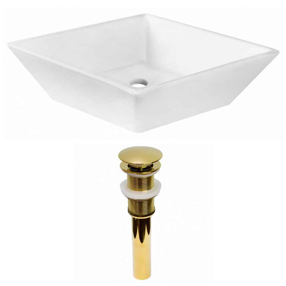 15.75-in. x 15.75-in. Square Bathroom Vessel Sink Set White Enamel Glaze