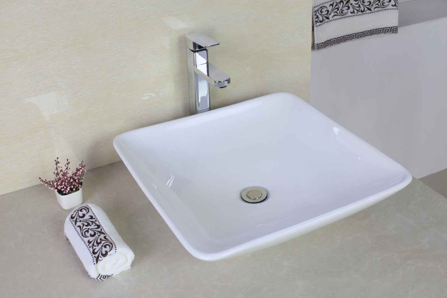 16.75-in. x 16.75-in. Square Bathroom Vessel Sink Set White Enamel Glaze