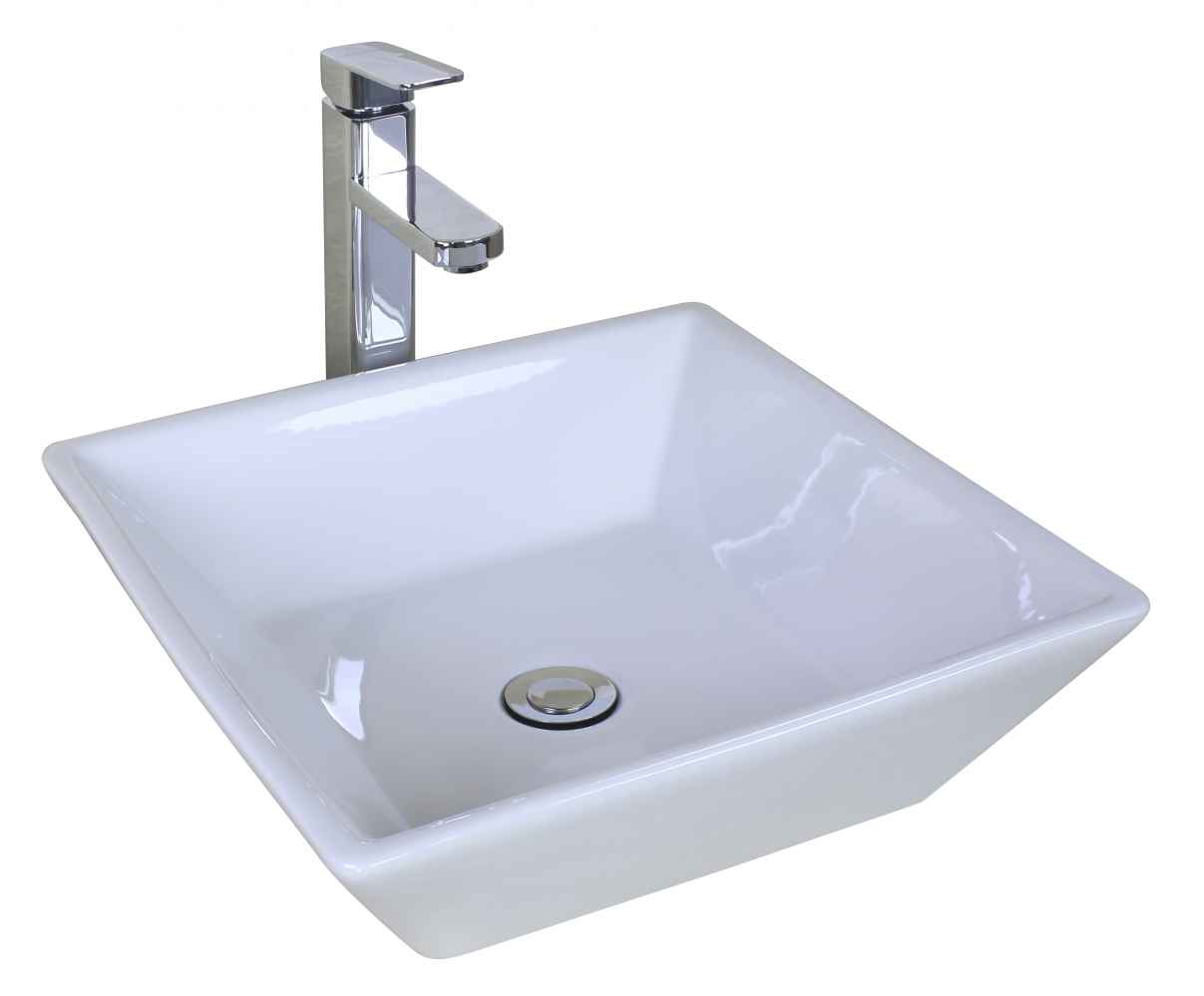 15.75-in. x 15.75-in. Square Bathroom Vessel Sink Set White Enamel Glaze