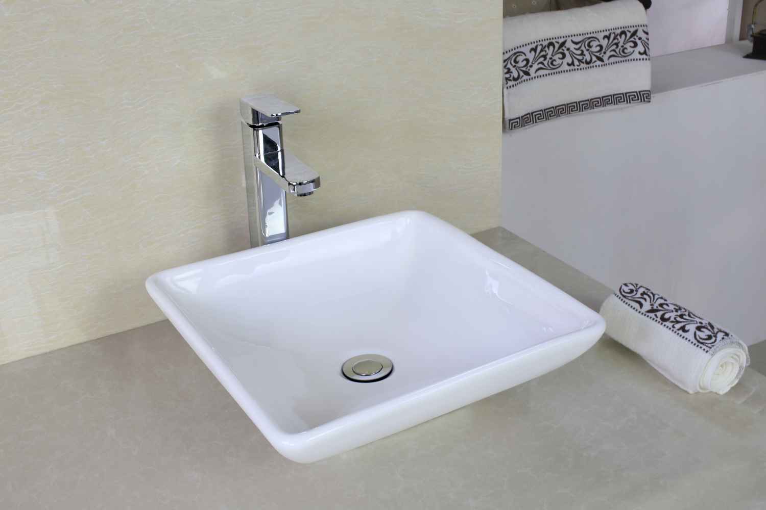 15.75-in. x 15.75-in. Square Bathroom Vessel Sink Set White Enamel Glaze