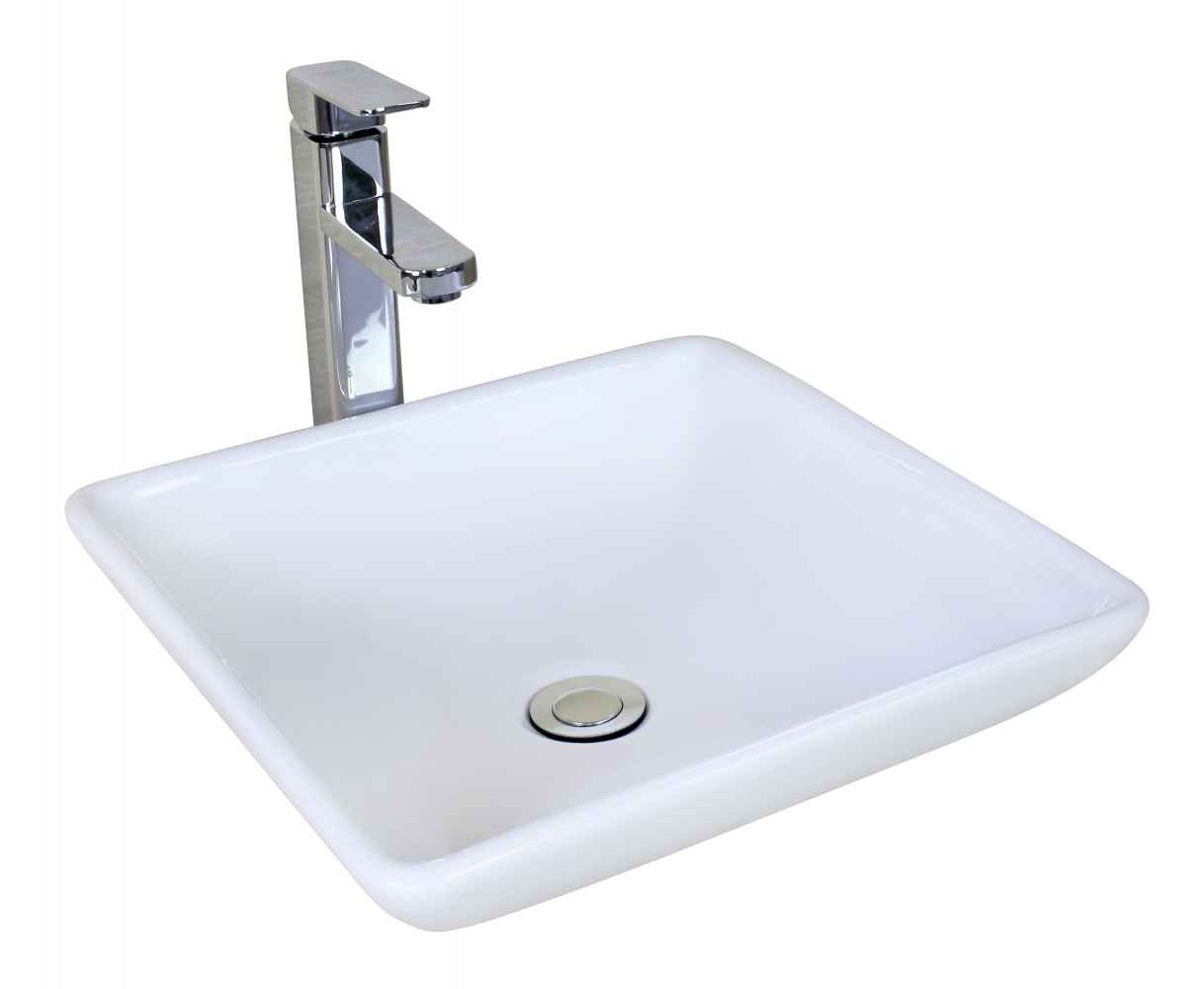 15.75-in. x 15.75-in. Square Bathroom Vessel Sink Set White Enamel Glaze