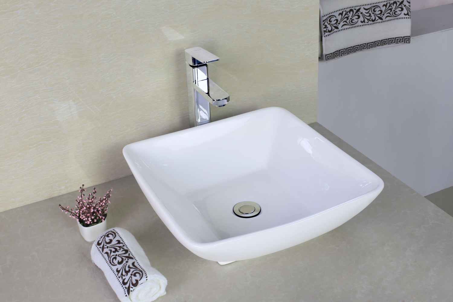 16.5-in. x 16.5-in. Square Bathroom Vessel Sink Set White Enamel Glaze