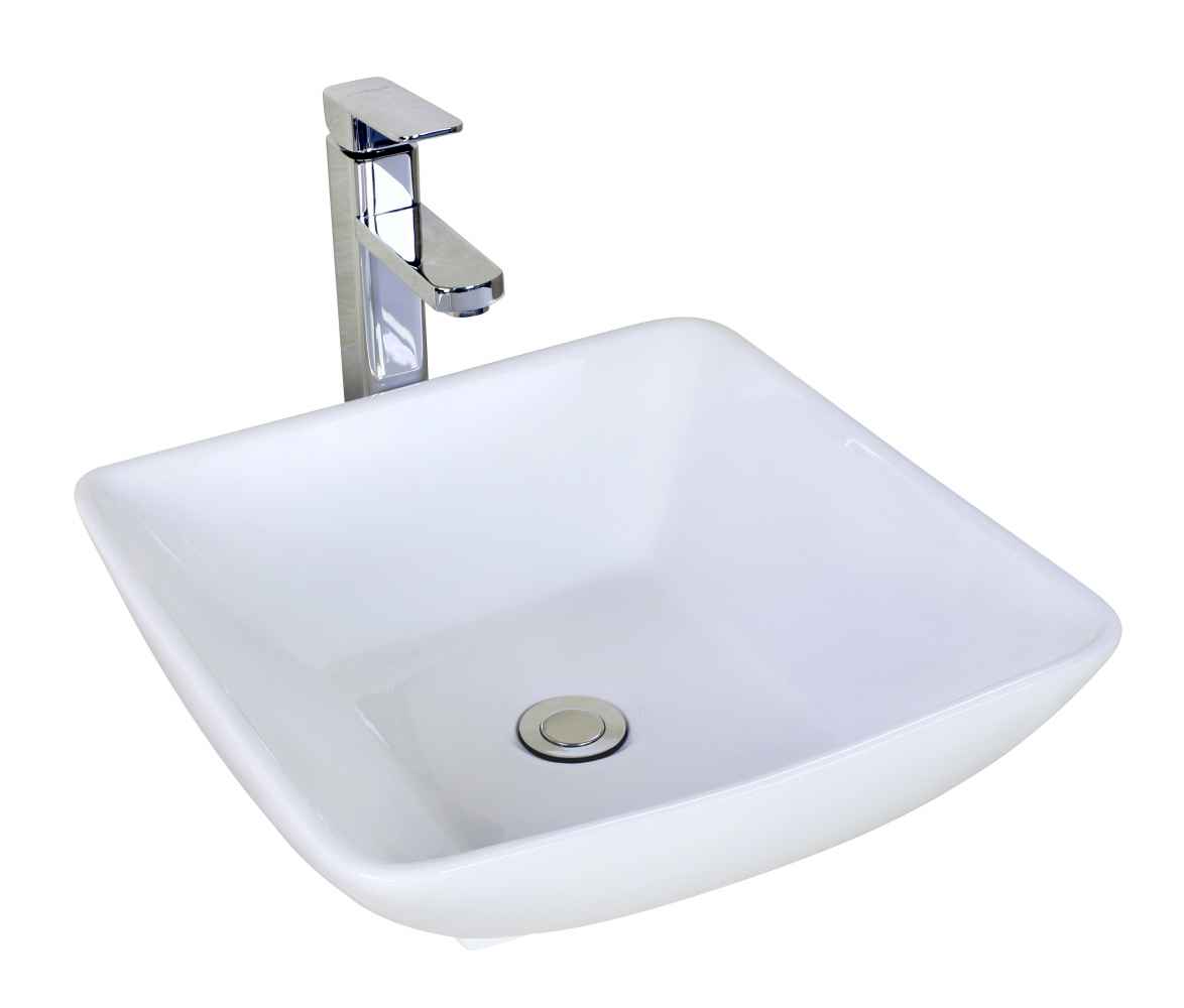 16.5-in. x 16.5-in. Square Bathroom Vessel Sink Set White Enamel Glaze