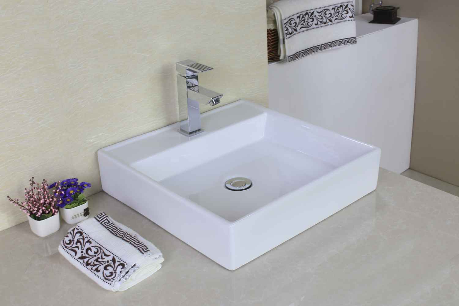 17-in. x 17-in. Square Bathroom Vessel Sink Set White Enamel Glaze