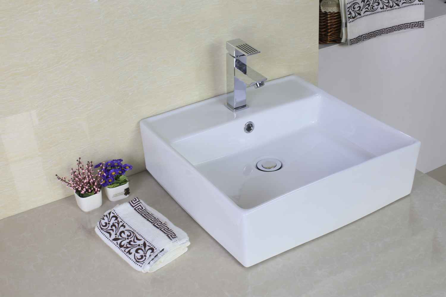 18-in. x 18-in. Square Bathroom Vessel Sink Set White Enamel Glaze