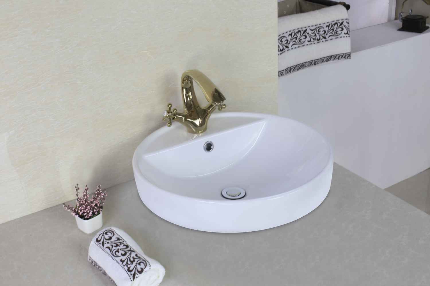 18.1-in. x 18.1-in. Round Bathroom Vessel Sink Set White Enamel Glaze