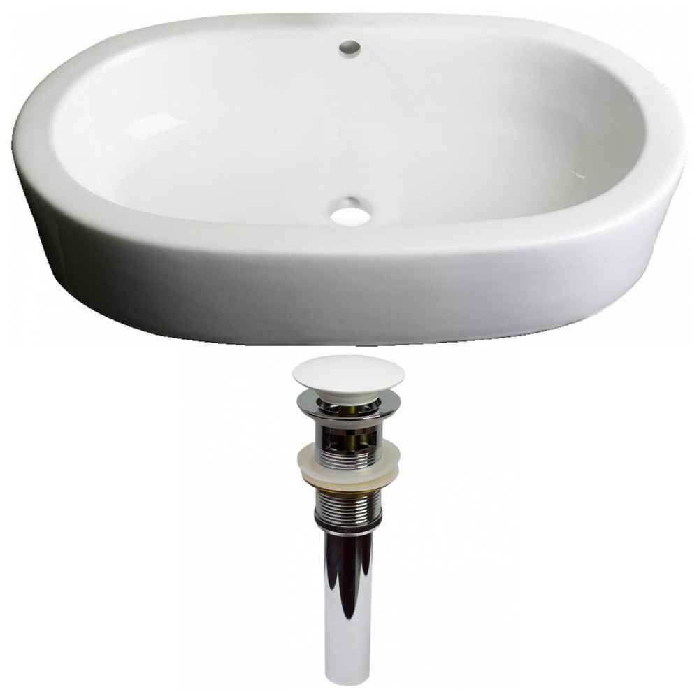 25.25-in. x 14.5-in. Oval Bathroom Vessel Sink Set White Enamel Glaze