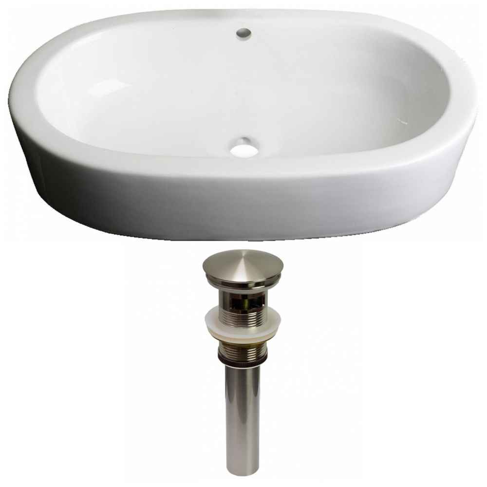 25.25-in. x 14.5-in. Oval Bathroom Vessel Sink Set White Enamel Glaze