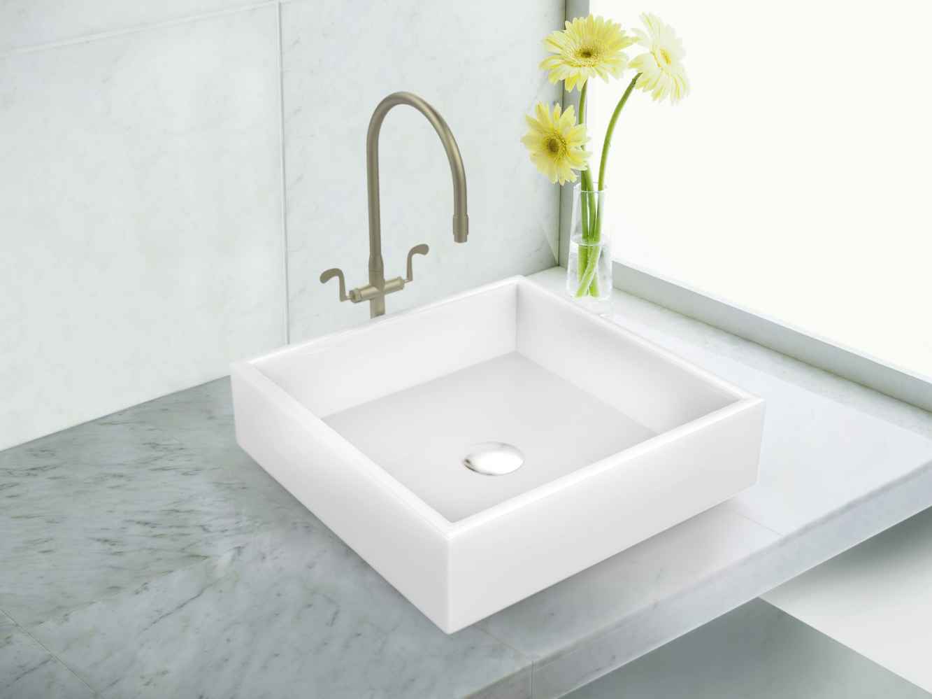 14.75-in. x 14.75-in. Square Bathroom Vessel Sink Set White Enamel Glaze