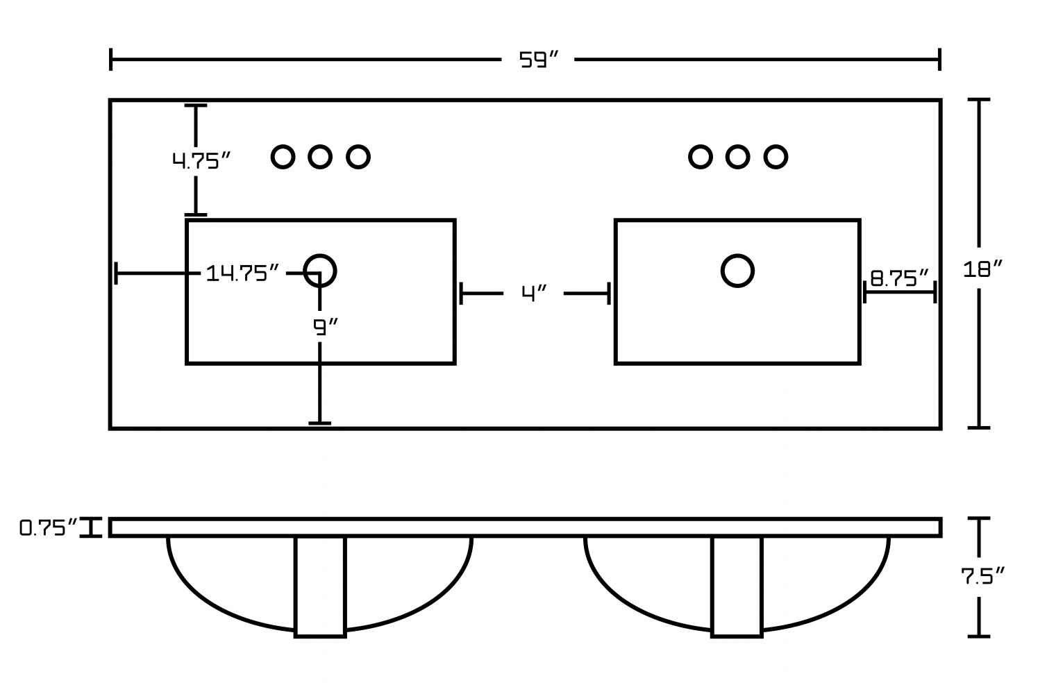 59-in. W 3H4-in. Ceramic Top Set In White Color - Overflow Drain Incl.