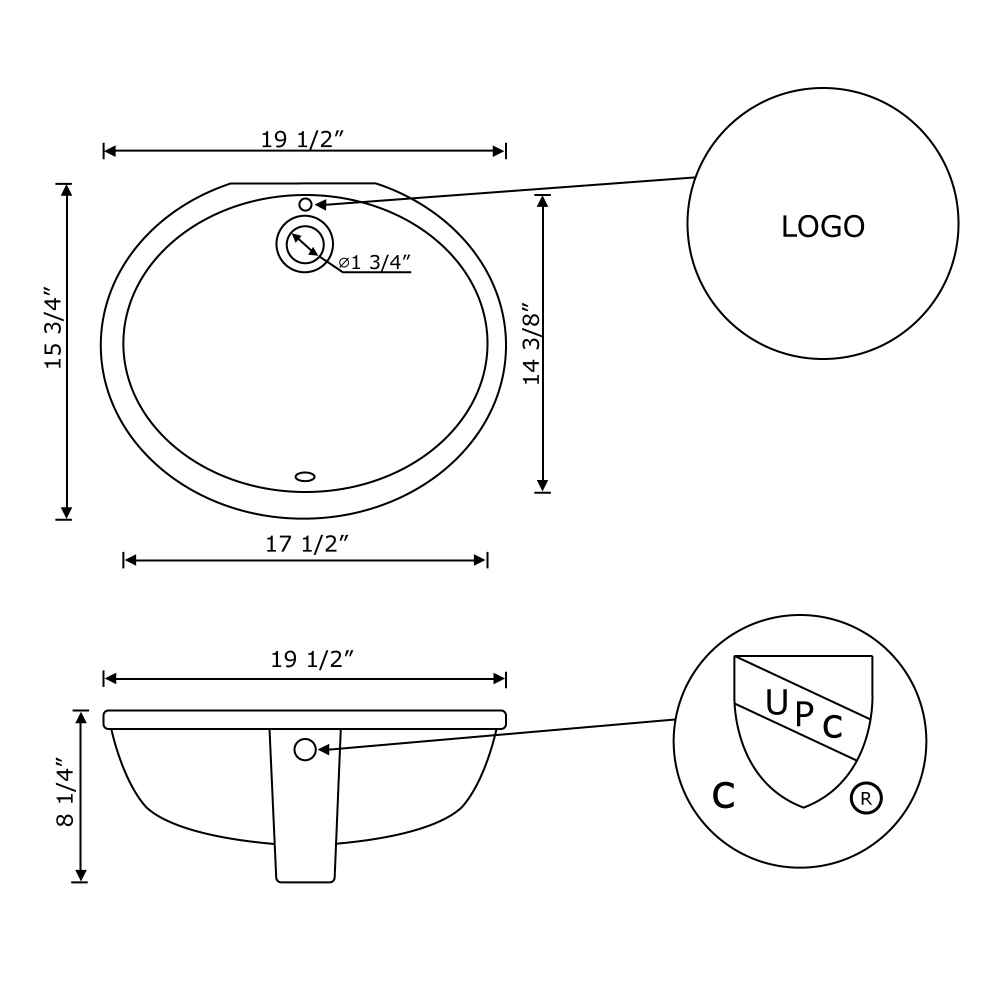 19.25-in. W CUPC Oval Bathroom Undermount Sink Set In White - Brushed Nickel Hardware - Overflow Drain Incl.