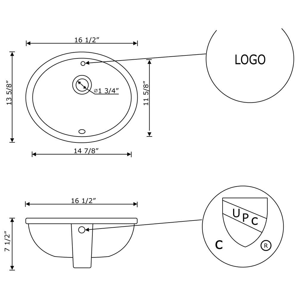 16.5-in. W CUPC Oval Bathroom Undermount Sink Set In White - Black Hardware - Overflow Drain Incl.
