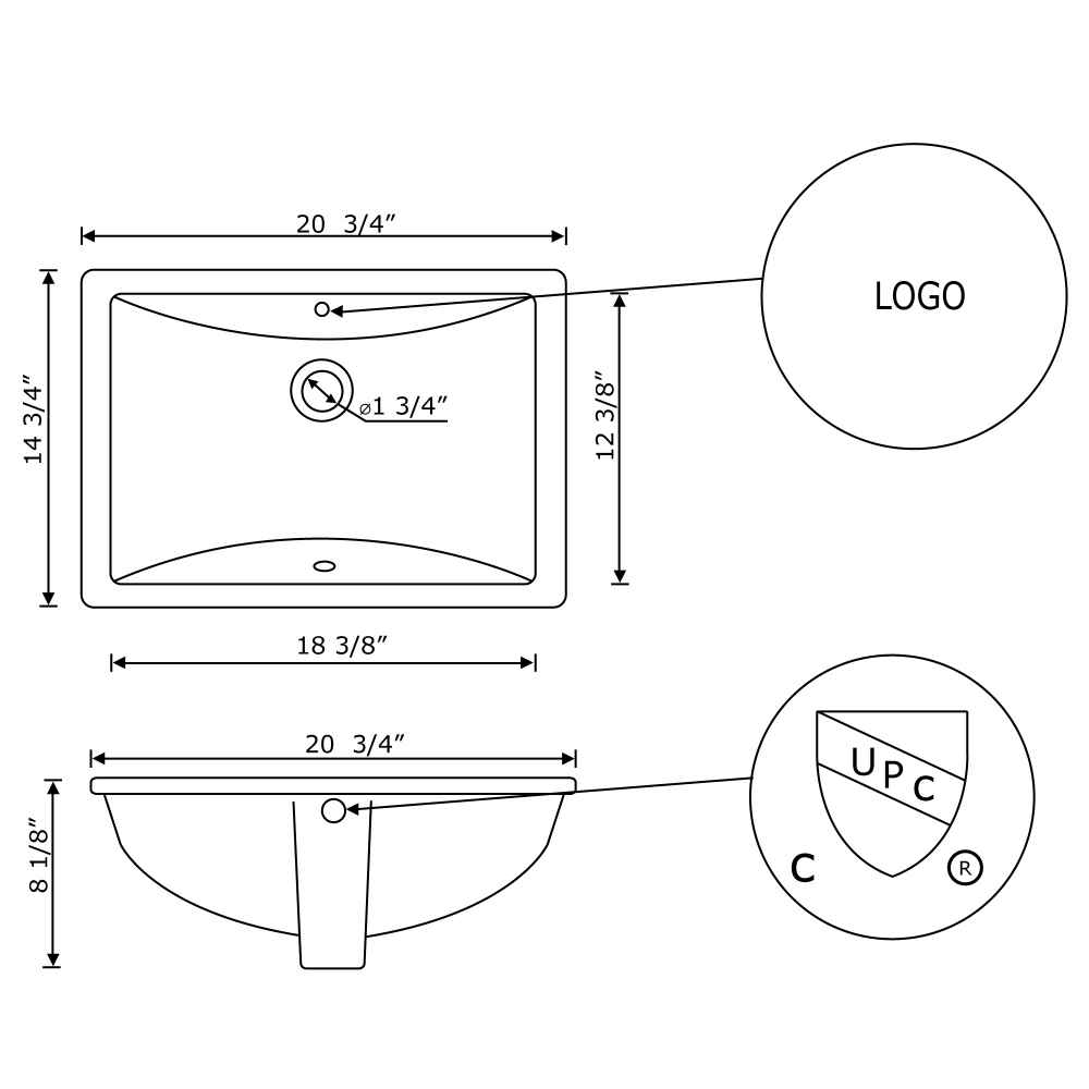 20.75-in. W CUPC Rectangle Bathroom Undermount Sink Set In White - Gold Hardware - Overflow Drain Incl.