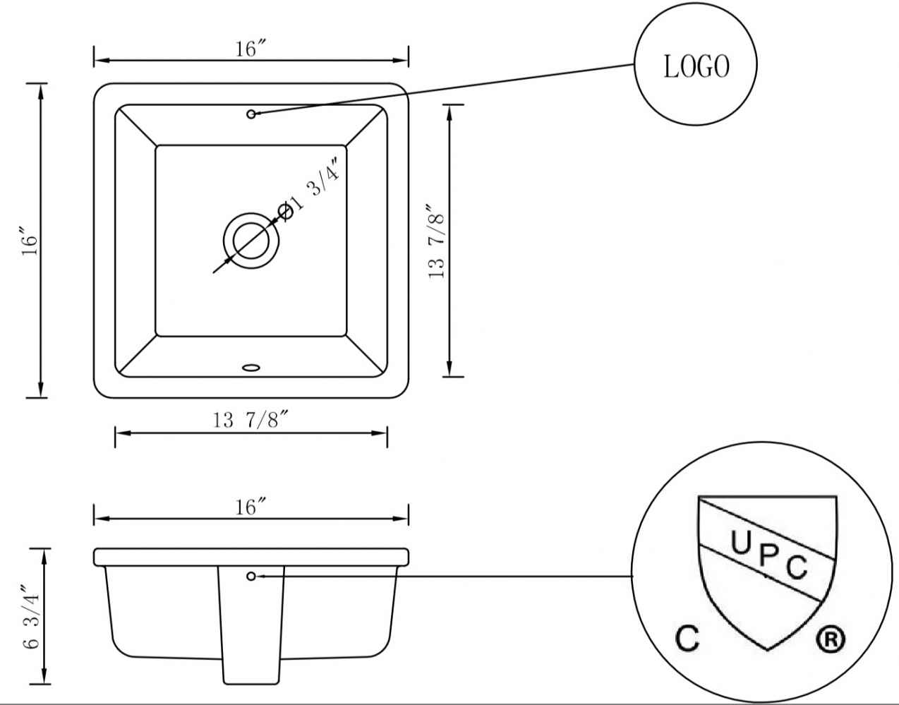 16-in. W CUPC Square Bathroom Undermount Sink Set In White - Oil Rubbed Bronze Hardware - Overflow Drain Incl.