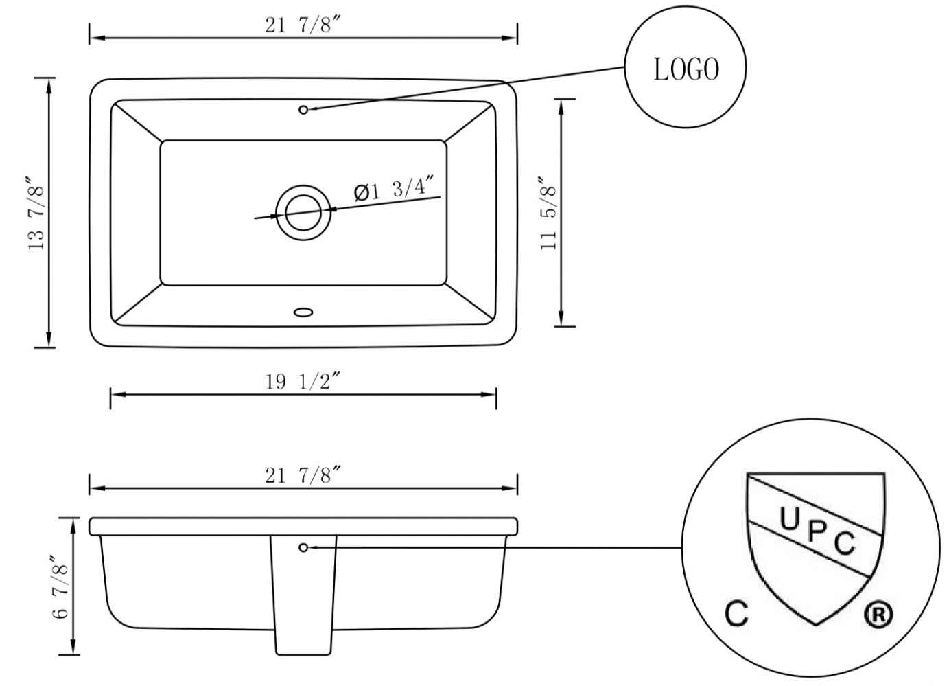 21.875-in. W CUPC Rectangle Bathroom Undermount Sink Set In White - Chrome Hardware - Overflow Drain Incl.
