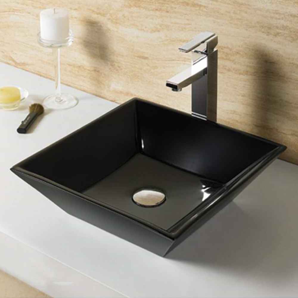16.1-in. x 16.1-in. Square Bathroom Vessel Sink Set Black Enamel Glaze