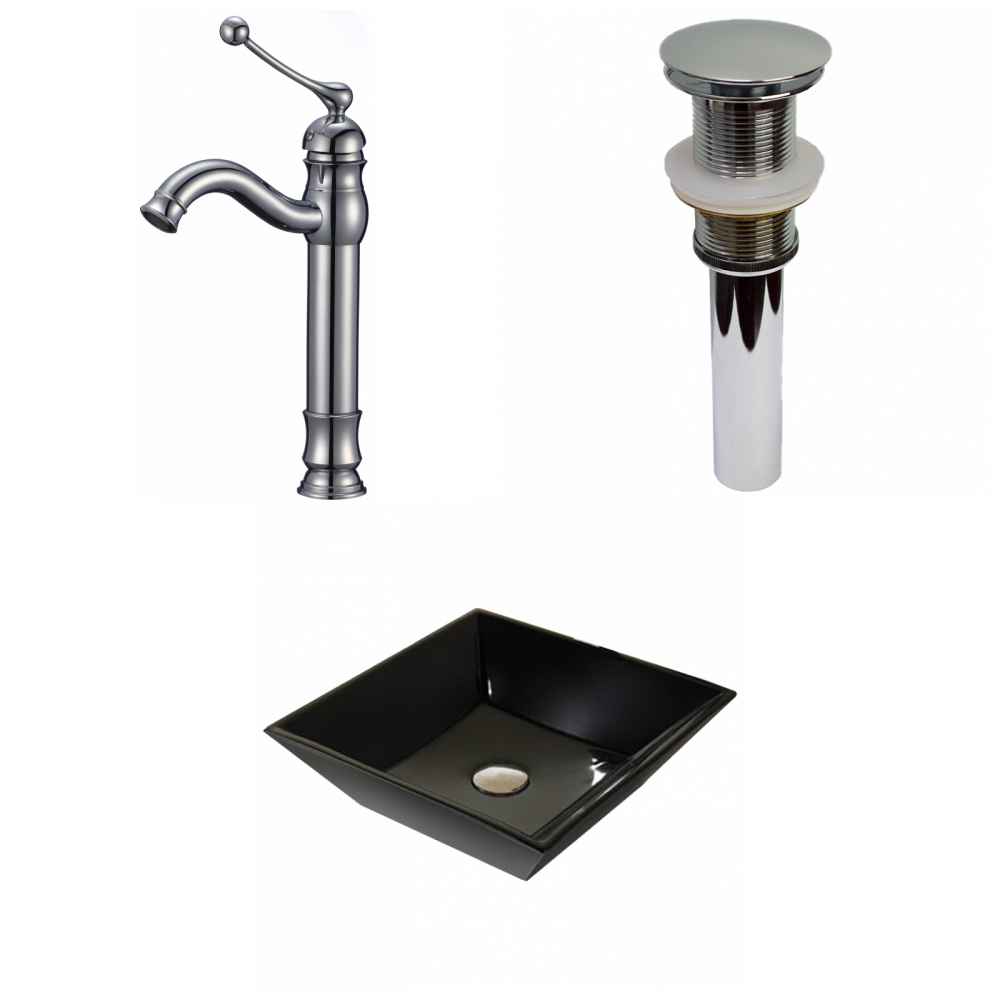16.1-in. x 16.1-in. Square Bathroom Vessel Sink Set Black Enamel Glaze