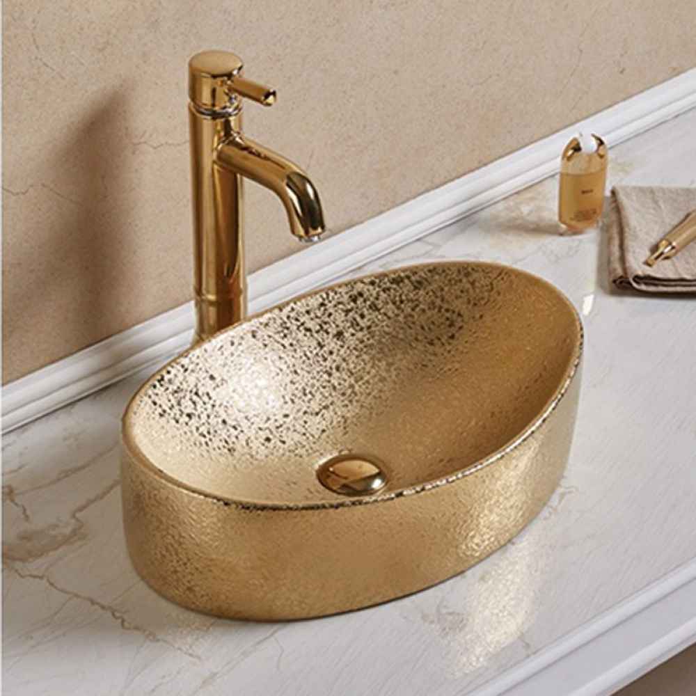 20.47-in. x 13.19-in. Oval Bathroom Vessel Sink Set Gold Enamel Glaze