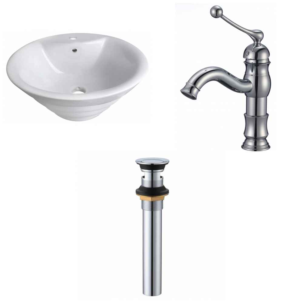 19.25-in. x 19.25-in. Round Bathroom Vessel Sink Set White Enamel Glaze