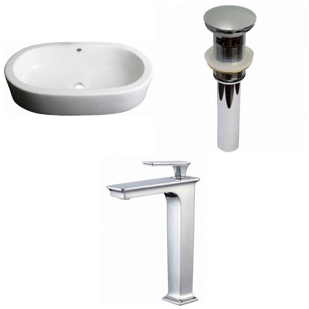 25.25-in. x 14.5-in. Oval Bathroom Vessel Sink Set White Enamel Glaze