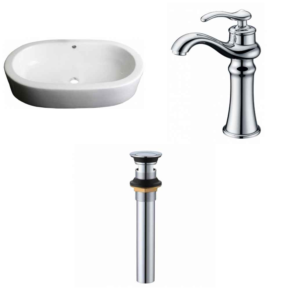 25.25-in. x 14.5-in. Oval Bathroom Vessel Sink Set White Enamel Glaze