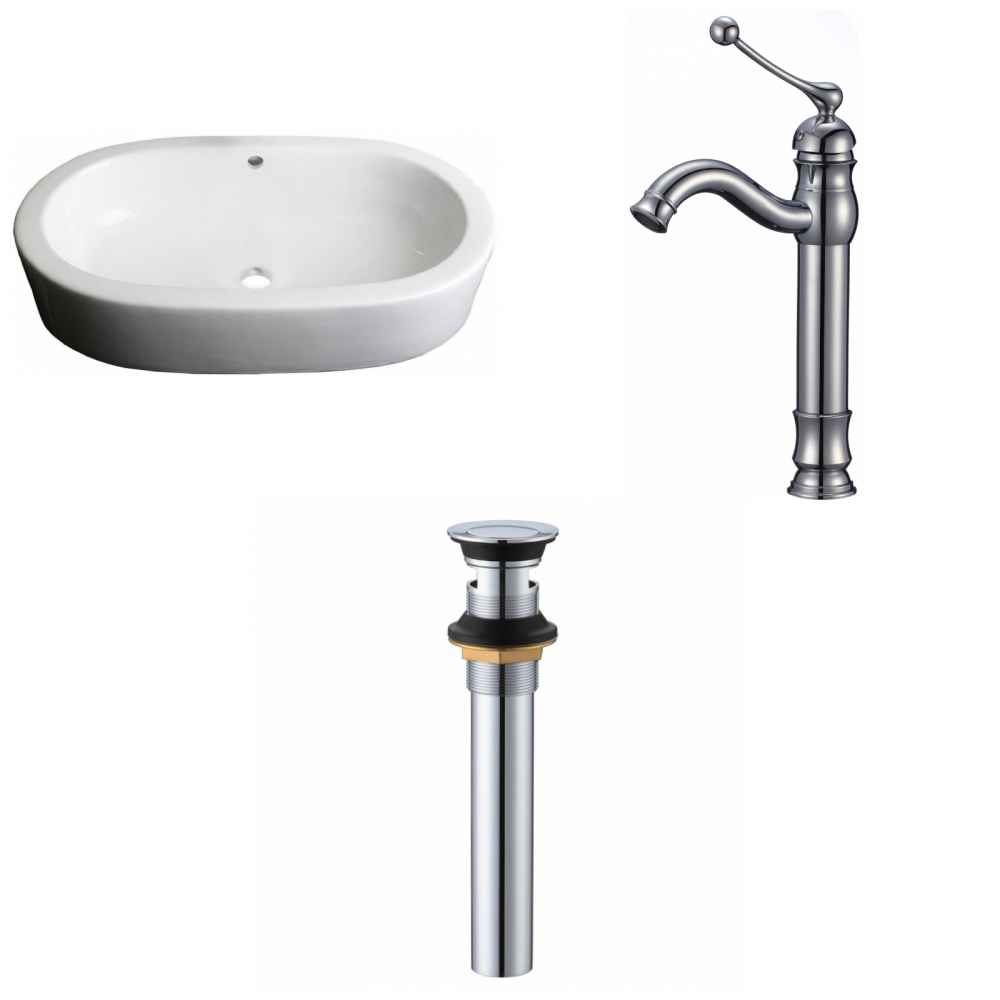 25.25-in. x 14.5-in. Oval Bathroom Vessel Sink Set White Enamel Glaze
