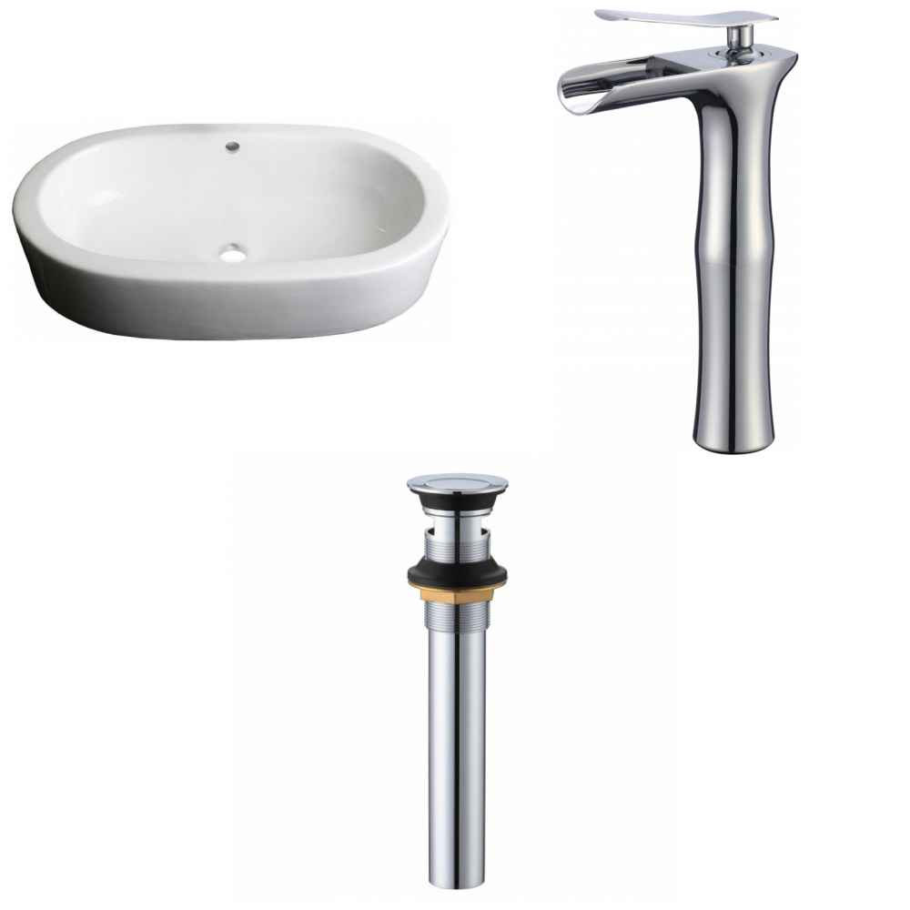 25.25-in. x 14.5-in. Oval Bathroom Vessel Sink Set White Enamel Glaze