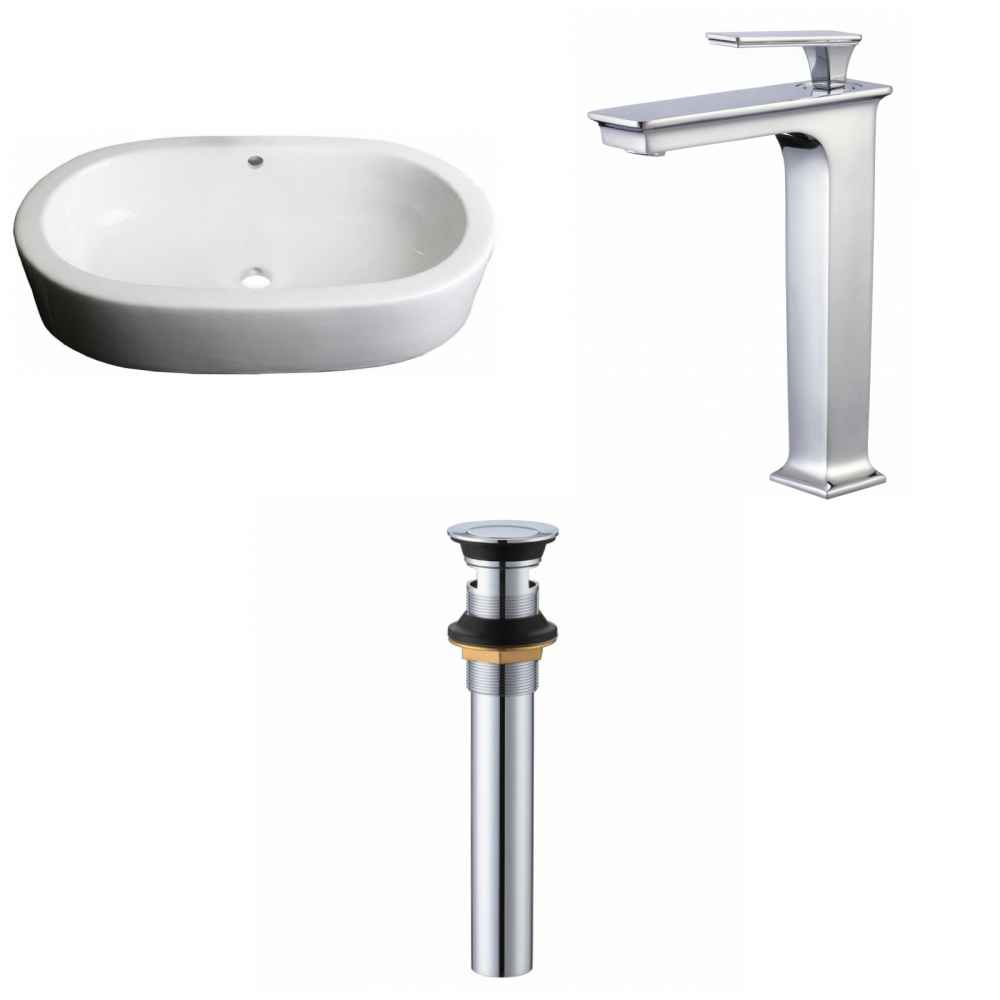 25.25-in. x 14.5-in. Oval Bathroom Vessel Sink Set White Enamel Glaze