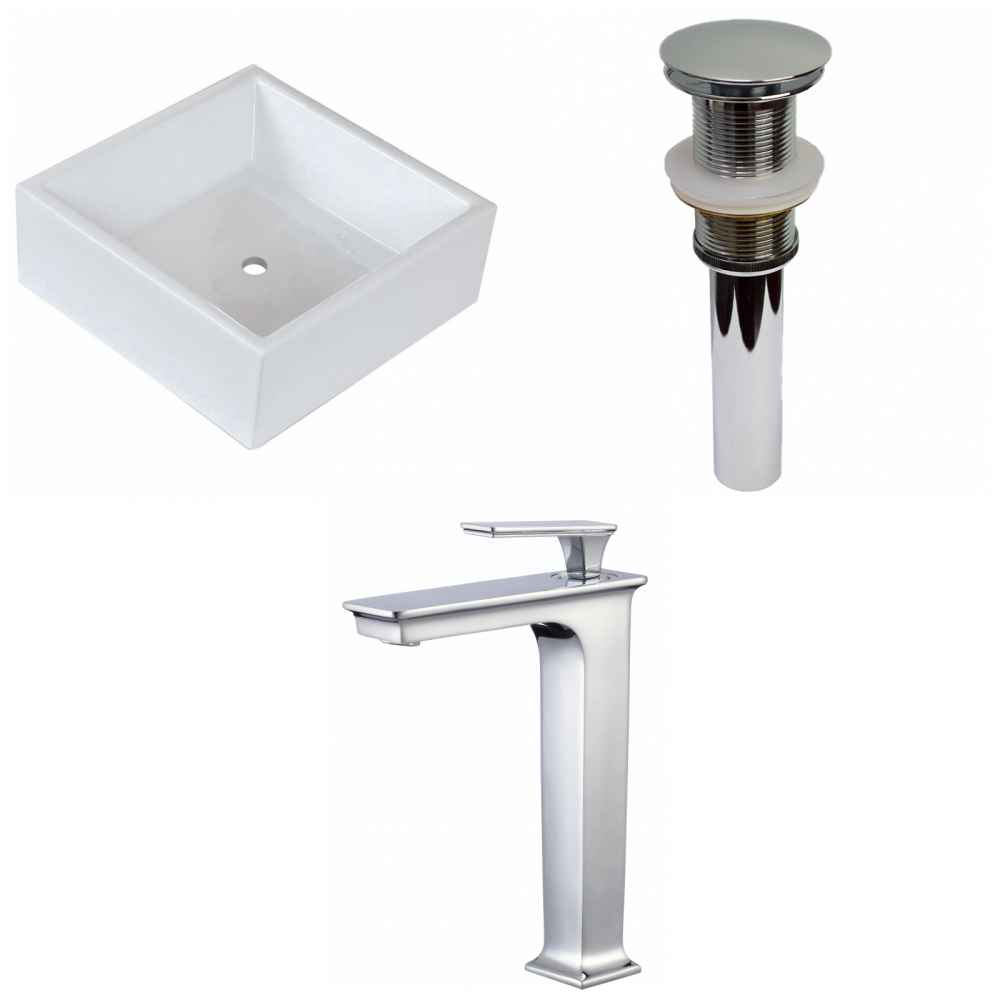14.75-in. x 14.75-in. Square Bathroom Vessel Sink Set White Enamel Glaze