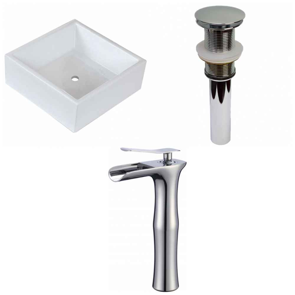 14.75-in. x 14.75-in. Square Bathroom Vessel Sink Set White Enamel Glaze