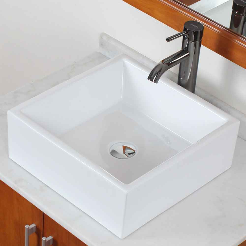 14.75-in. x 14.75-in. Square Bathroom Vessel Sink Set White Enamel Glaze