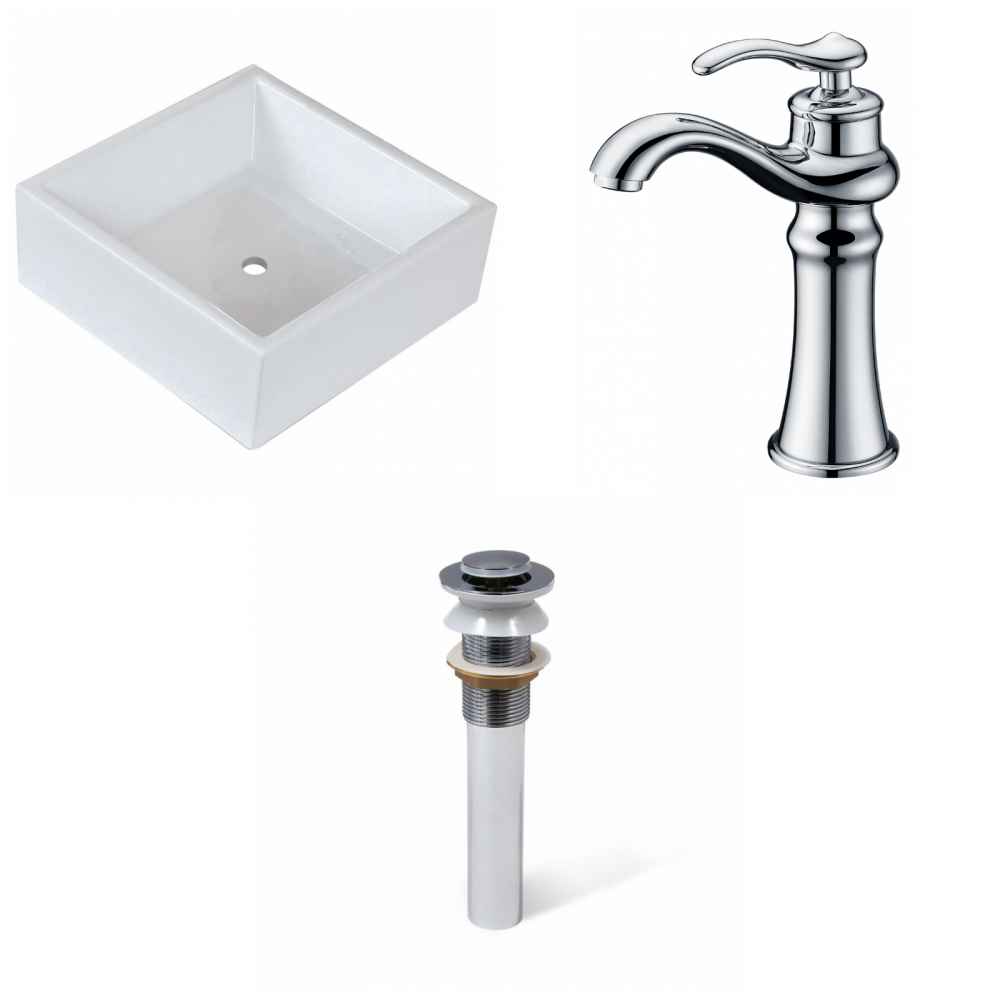 14.75-in. x 14.75-in. Square Bathroom Vessel Sink Set White Enamel Glaze