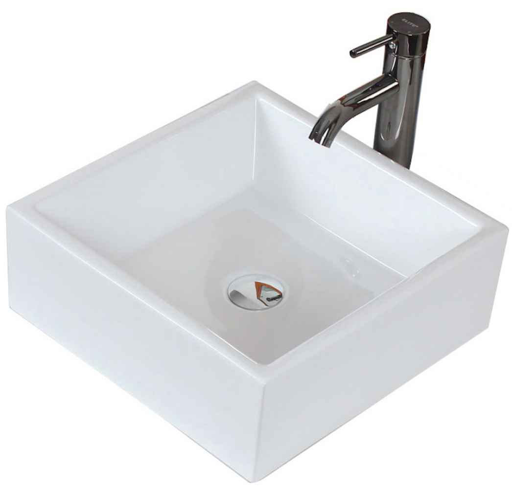 14.75-in. x 14.75-in. Square Bathroom Vessel Sink Set White Enamel Glaze